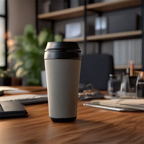 A reusable cup in an office to represent sustainability practices